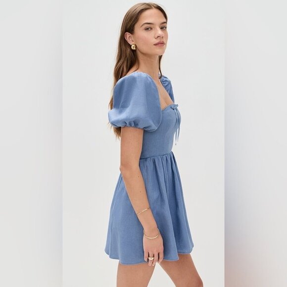 Reformation Dresses & Skirts - NEW NWT Reformation Malvina Linen Puff Sleeve Viola Mini Dress Blue Size 10